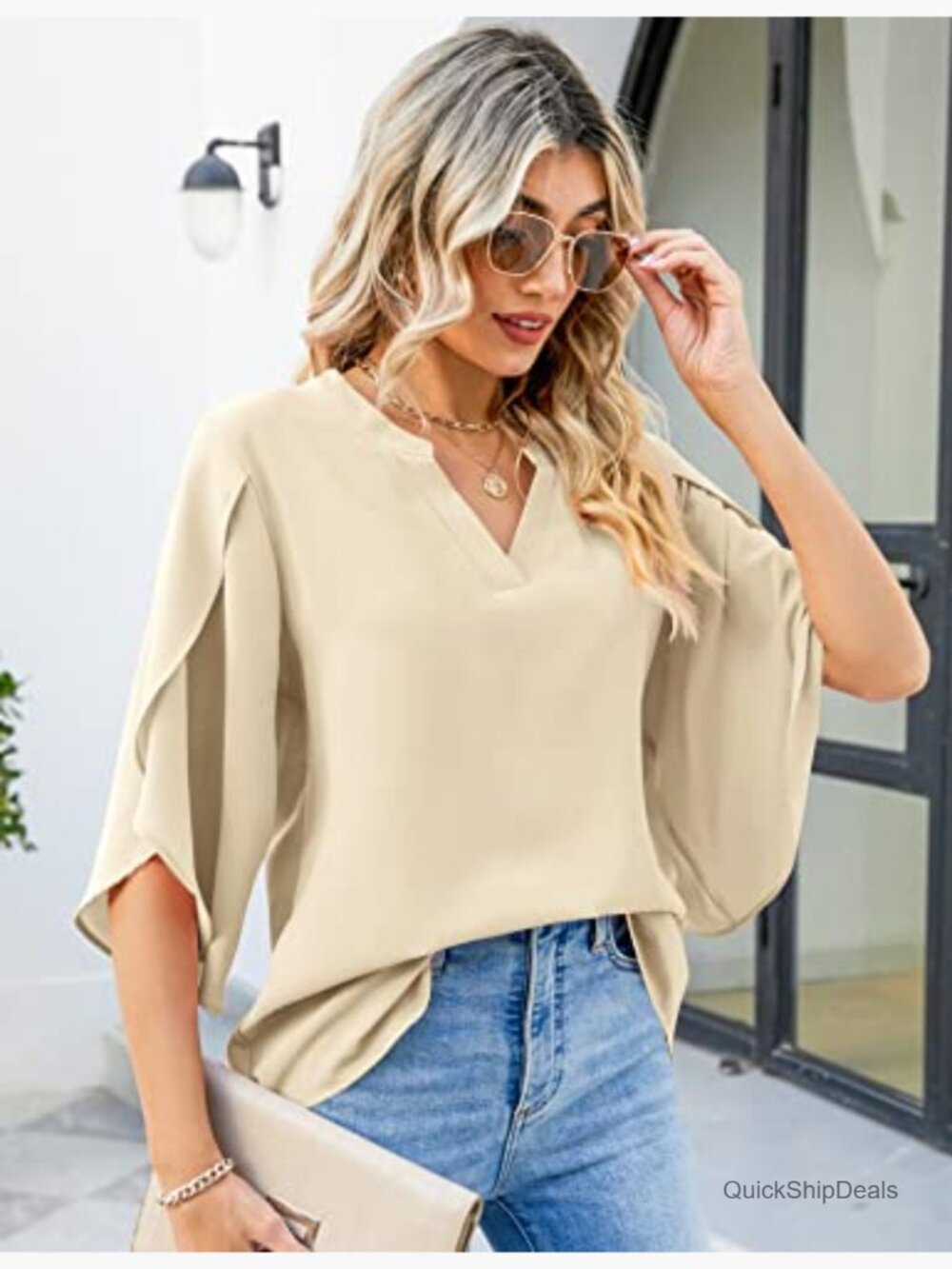 Chiffon V-Neck Blouse with 3/4 Ruffled Sleeves Loose Fit Tunic - Picture 2 of 7
